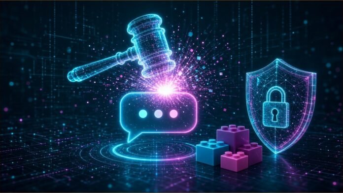 Eight US States Sue OpenAI Over ChatGPT's Safety for Kids Eight glowing state-shaped tiles with small gavel glyphs facing a single chat bubble icon