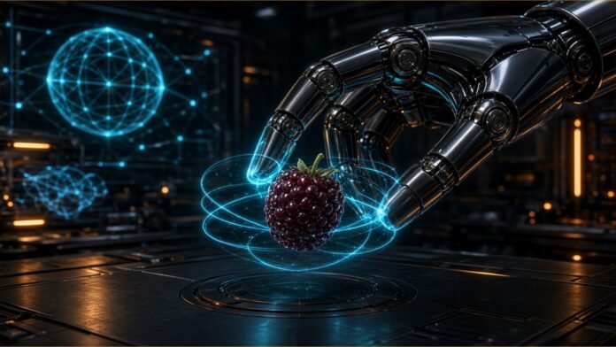 Illustration of a robot hand gently closing around a berry inside glowing force-field rings.
