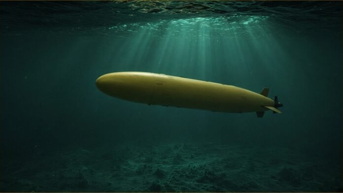 Illustration of a yellow torpedo-shaped underwater vehicle gliding through dark green water under shafts of light