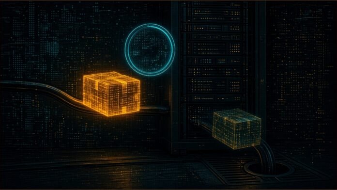 Electrum 4.8.3 Fixes Flaw Malicious Servers Exploit | TSN Illustration of a glowing amber data parcel entering a dark server rack while a near-identical counterfeit slides out towards a drain, beneath a cyan lens