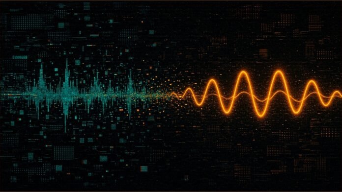 ElevenLabs Offers Free Voice Restoration in Spain | TSN Illustration of a broken teal sound waveform reforming into a clean, bright amber wave.