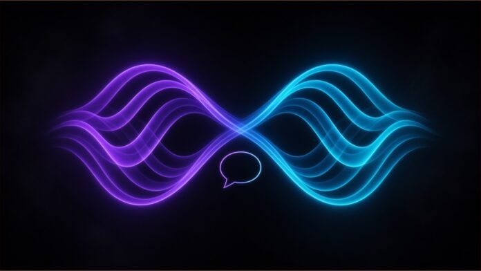 Illustration of two glowing sound-wave ribbons looping into each other around a small speech bubble.
