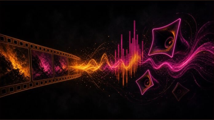 A video timeline with a music wave and discrete SFX ticks snapping to cut points