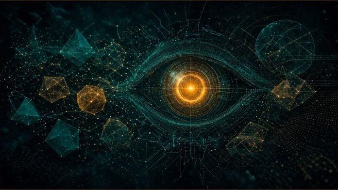 A glowing lens-like eye analysing floating geometric shapes.