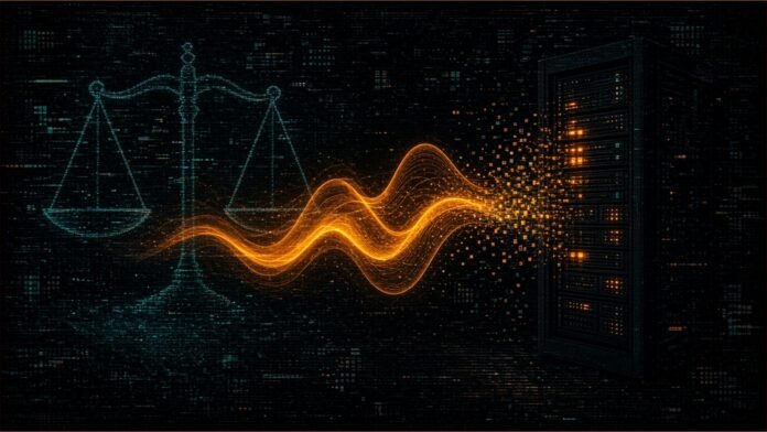 Illustration of an amber waveform ribbon breaking into small blocks that flow into a dark server rack, with a faint cyan balance scale behind
