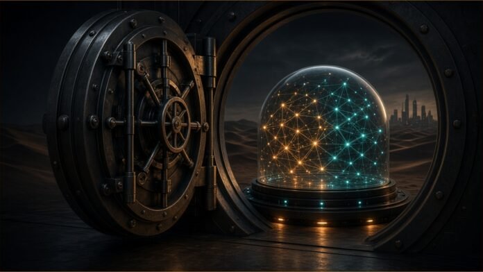 Illustration of an open bank vault door revealing a glowing neural network sealed under a glass dome, with desert dunes beyond.