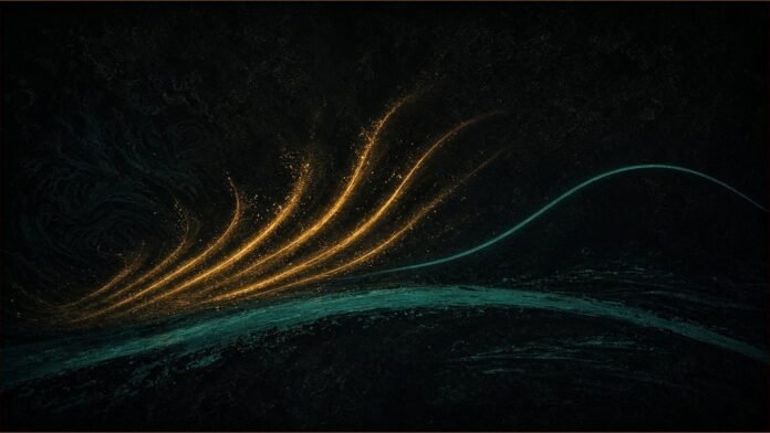 Illustration of amber wave lines rising from a teal band into a calm line.