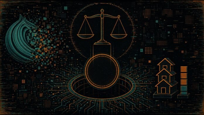 Empire Market's Raheim Hamilton: 40 Years, 1,230 BTC Forfeiture A coin lowered into a vault beneath a scales-of-justice glyph, with a fracturing onion glyph and small houses waiting beside it.