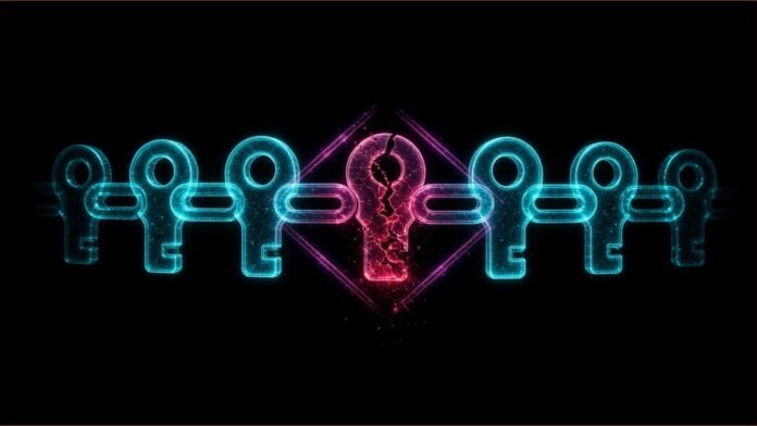 eMudhra CA Keys Compromised; Browsers Block Them | TSN Illustration of a chain of glowing key-shaped seals with one cracked link leaking red light, fenced off by barrier lines.