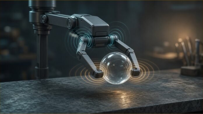 Illustration of a generic robotic gripper gently holding a glass sphere in a workshop, with rings of light spreading from its joints and fingertips