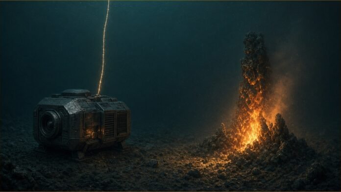 Endurance Energy Runs Subsea Geothermal Test | TSN Illustration of a lander-style generator on the seafloor beside a glowing hydrothermal vent.