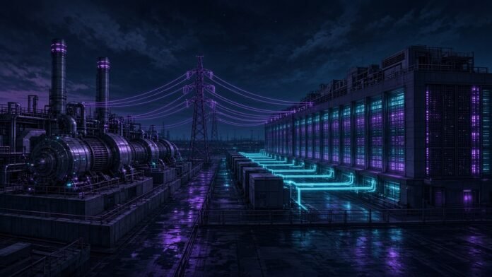 Enerflex Wins 1GW+ Gas Power Deal for Data Centre Gas turbine power units glowing beside a data centre campus at night
