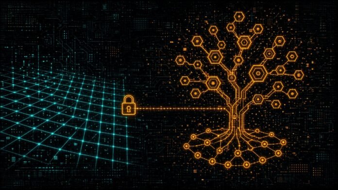 Symbol-only illustration of a flat cyan grid on the left linked by a padlocked bridge of light to a glowing orange tree of hexagon nodes rooted in a ring of linked nodes.