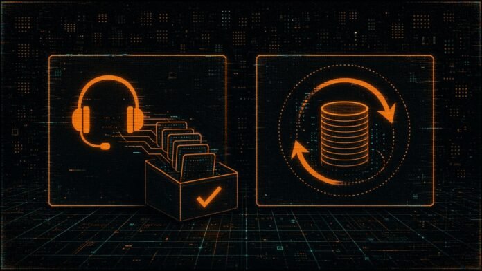 Two panels showing a help-desk headset sending tickets into a resolved tray, and a coin stack inside a dotted frame with a loop arrow.