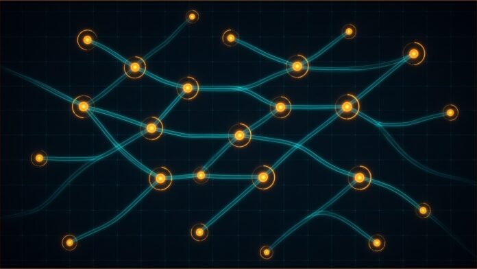 Illustration of glowing teal branching lines like a code history graph, with amber nodes ringed by small gauges
