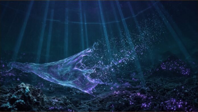 Enzyme Plastics Broke Down in Deep Sea | TSN Illustration of a translucent plastic film dissolving into glowing violet particles on a dark deep-sea floor