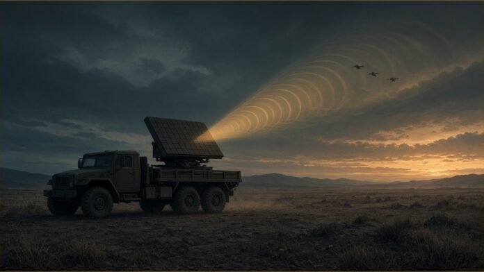 Epirus Gets $18M Army Deal to Make Leonidas Mobile | TSN A truck carrying a flat emitter panel on a dusk field, with energy ripples aimed at distant drones.