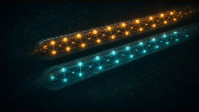 Two glowing tracks of network nodes running side by side, one slightly behind.