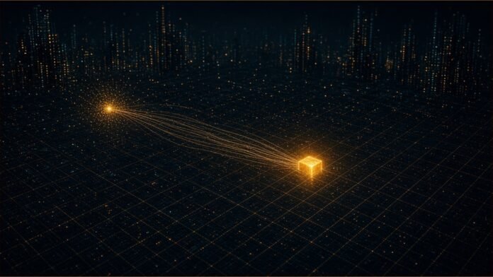 Illustration of a glowing grid with one brighter cell linked by threads to a seed-like origin point.