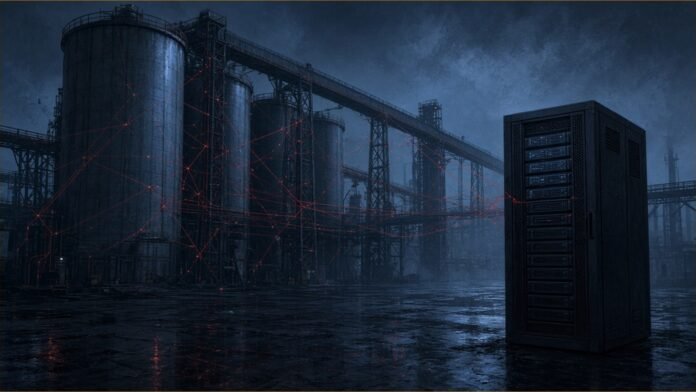 Illustration of grain silos and conveyor gantries at night, with thin red network lines creeping across the steel towards a darkened server cabinet