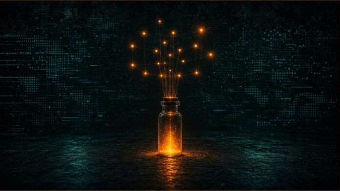 Illustration of a glowing test vial linked by light lines to a grid of twenty nodes, a few lit brighter