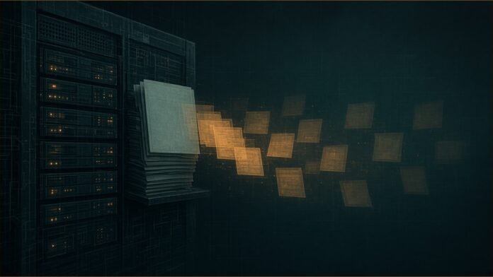 Blank document cards copied out of a server rack as faint amber duplicates.