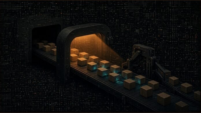 Illustration of plain parcels on a conveyor passing under an amber scanning arch, with flagged parcels glowing teal beside a sorting gate