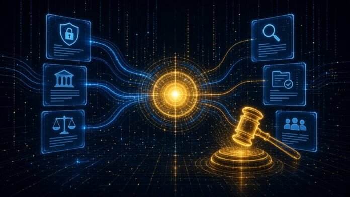 EU Consults on Draft AI Act Rules for AI Office Proceedings AI core linked to holographic regulation documents and a gavel of light
