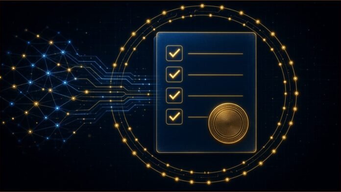 EU AI Act Gets Its First Harmonised Standard | TSN Illustration of a glowing checklist with a gold seal inside a ring of circuit nodes, linked to a neural network.