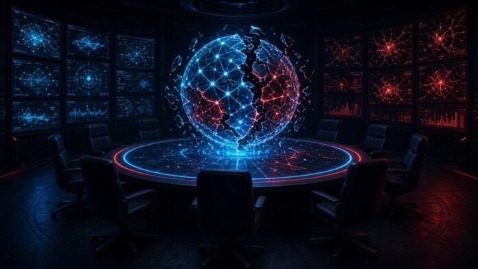 Fracturing AI sphere above a regulator's table with red incident alerts