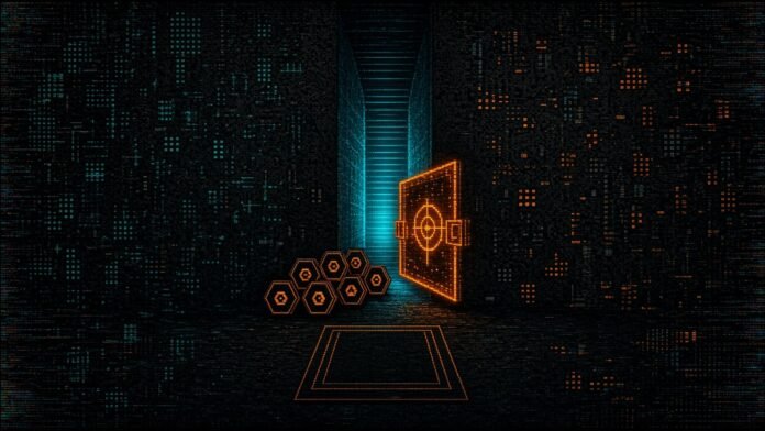 Symbol-only illustration of a dark circuit-grid wall with a narrow cyan corridor cut through it, an orange gate latch half open at its mouth, and a queue of hexagonal magnet glyphs waiting in front.