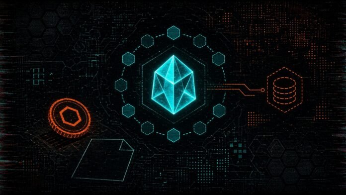 Symbol-only illustration of an ore crystal ringed by solid and dashed hexagons, with a line to an empty dashed coin stack, a half-pressed stamp seal and a blank ledger page.