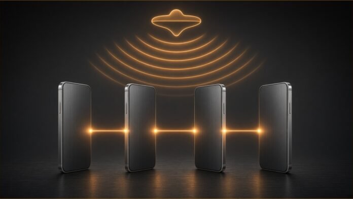 Illustration of four linked smartphones beneath an arc of radio waves, with an empty satellite-shaped slot above.