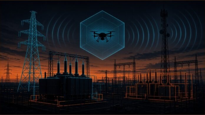 Illustration of a substation at dusk with a drone held inside a hexagonal detection dome