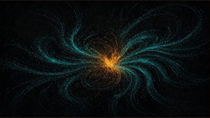EveNet AI Model Finds the Upsilon in CMS Open Data | TSN Illustration of EveNet concept in teal and amber: teal particle tracks spiralling out from an amber collision point.