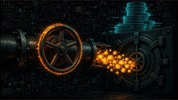 Illustration of a steel valve wheel glowing amber, feeding a stream of glowing blocks through a pipe into a dark vault door, with a faint cyan coin stack behind