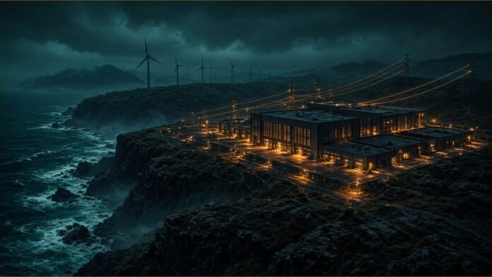 EverWind Plans $10bn+ Point Tupper AI Campus | TSN A data centre campus on a coastal headland at night with wind turbines and power lines.