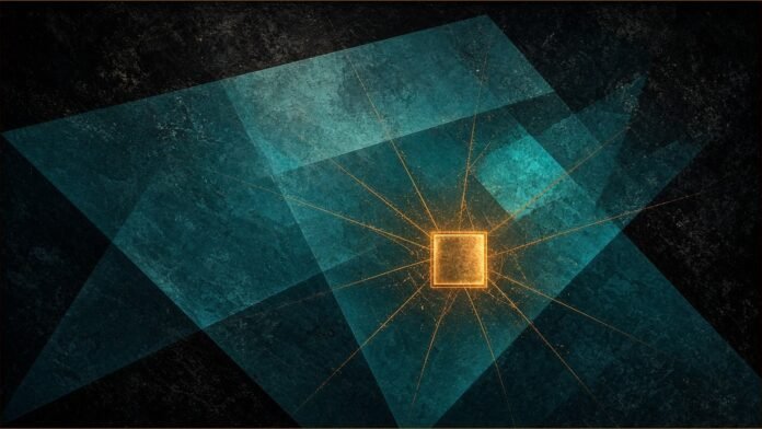 Illustration of teal planes with one amber square radiating thin threads.