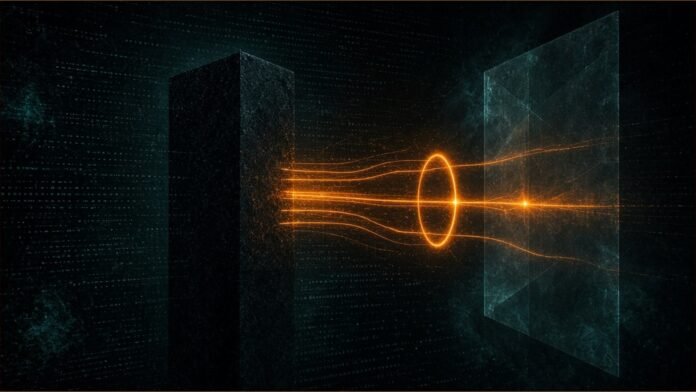 Illustration of amber light lines running from a dark block towards a translucent gate, one flagged by a glowing ring.