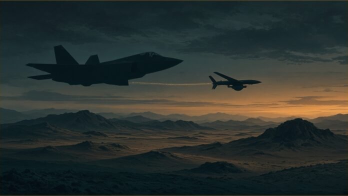F-22 Pilot Directs YFQ-44A Combat Drone in Flight | TSN A fighter jet silhouette and a smaller drone flying linked by a thin data line at dusk.