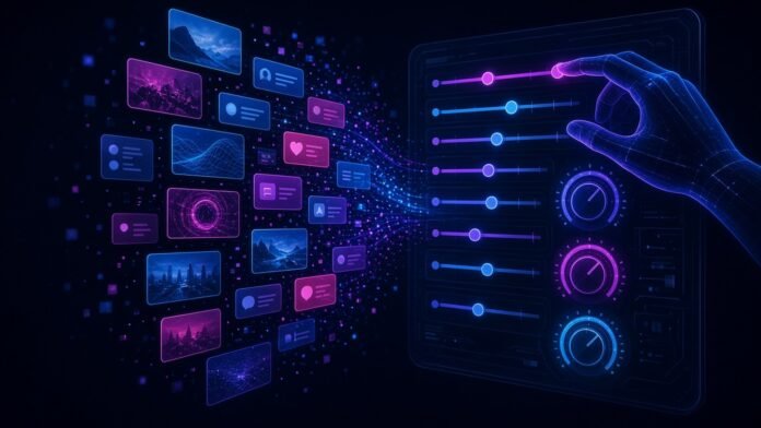 Hand adjusting glowing sliders that reshape a stream of feed cards