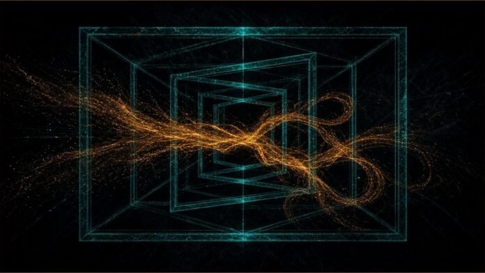 Factory Droid 1.0 Harness Tops Codex in Own Tests | TSN Droid illustration: nested teal geometric frames with amber particle streams looping through them