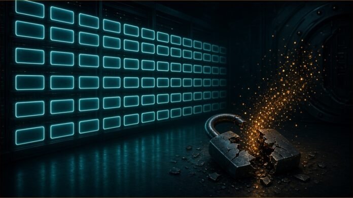 FANCL and ATENEA Disclose Member Data Leak | TSN Rows of glowing blank cards beside a broken padlock shedding amber particles.
