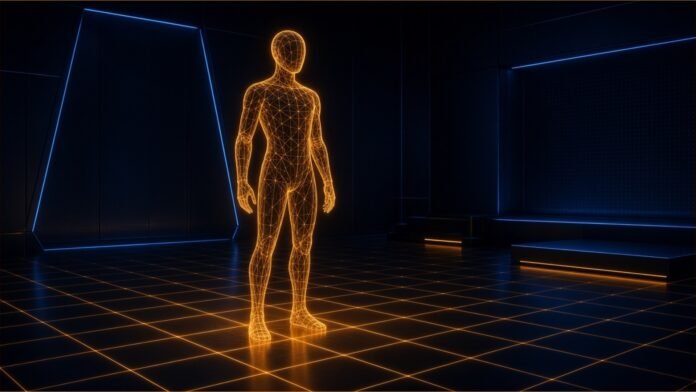 An amber wireframe humanoid figure standing on a glowing grid floor.