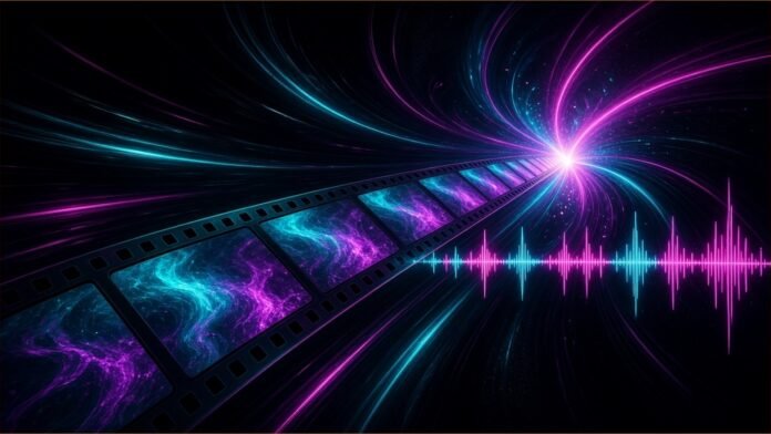 Illustration of a film strip speeding into a bright burst beside an audio waveform