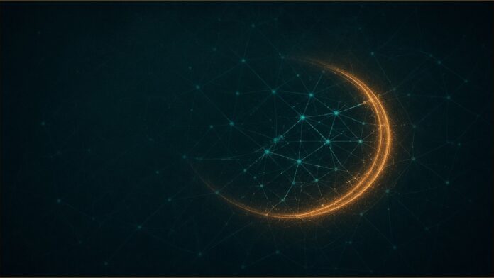 FATF Targeted Review to Speed Up Crypto AML Rules | TSN Illustration of FATF targeted review concept in teal and amber: a dim network of teal nodes and thin links, with a sweeping amber ring of light passing over one denser cluster that glows brighter.
