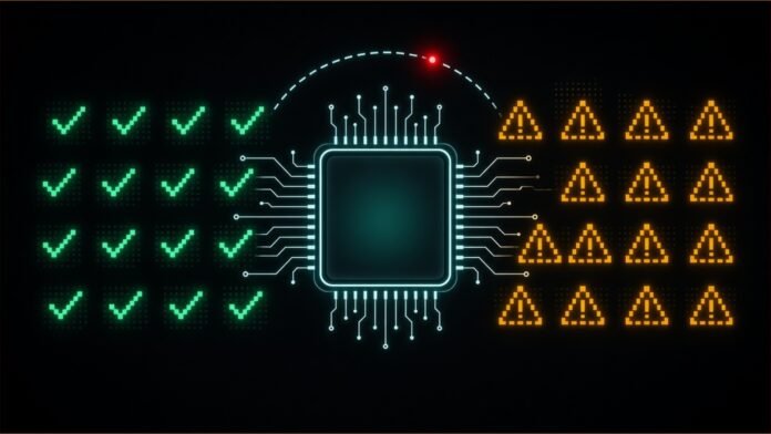 FCA Sets Out AI Good Practice for Finance Firms | TSN Illustration of tick and warning tiles around a blank glowing chip, with a dashed arc passing near a red marker.