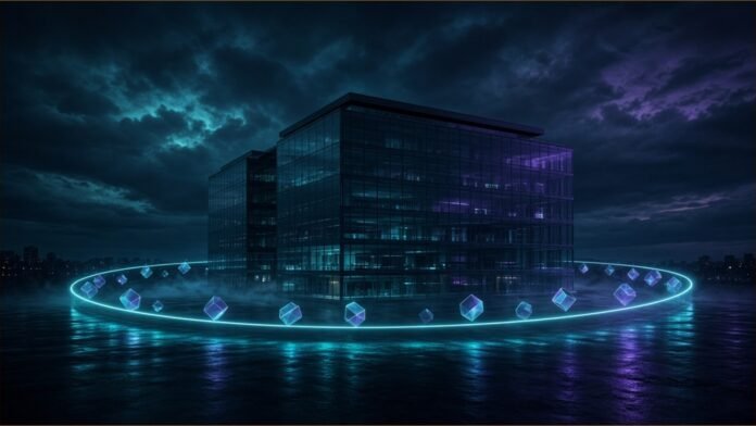 FCA Consults on DeFi and Crypto Perimeter Guidance | TSN Illustration of a glass office building at night encircled by a glowing ring, with translucent hexagonal blocks drifting around it