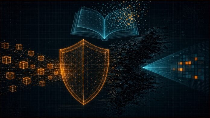 FCA Proposes Financial Crime Guide Update | TSN Illustration of an amber shield guarding a stream of payments from a cloud of dark static beneath a digital rulebook