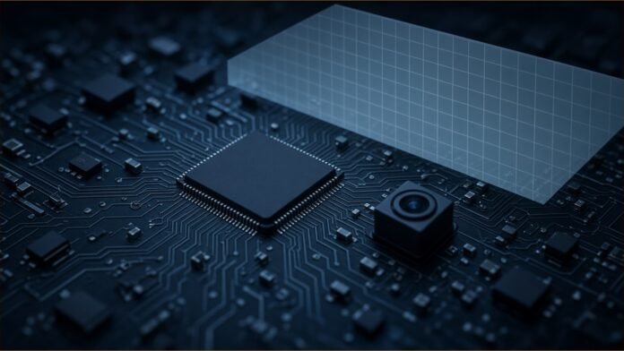 FCC Blocks Devices With Huawei HiSilicon Chips | TSN Illustration of an unbranded circuit board with a small chip and lens module, partly covered by a translucent blue barrier grid